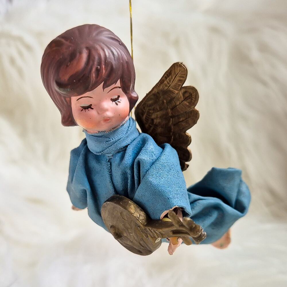 Vintage 1950s MCM Flying Angel Ornament Blue Fabric Dress Musical Figurine
